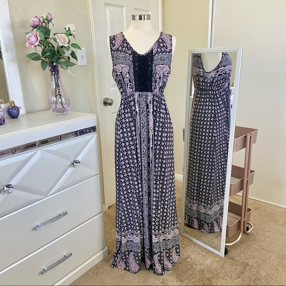 Style & Co. Pink & Black Crochet Front Maxi Dress